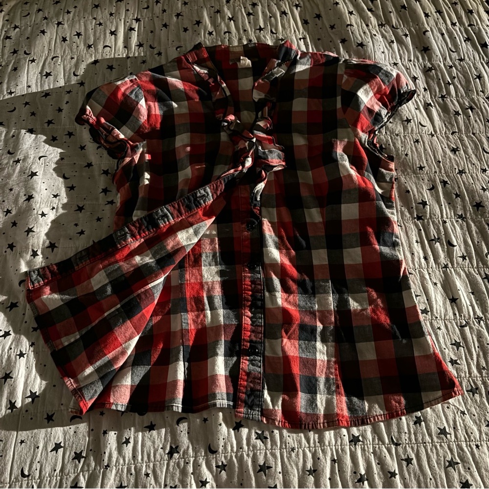Celine red and black plaid blouse with ruffles. Size M. - Picture 7 of 7